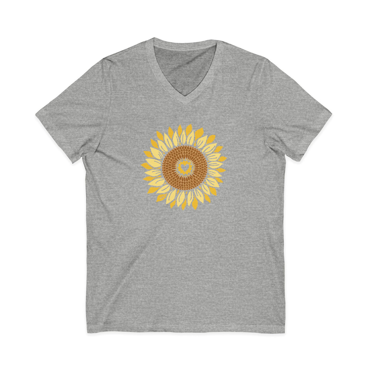 Golden sunflower with a heart center on a V-neck t-shirt in athletic heather grey, front view – Sunflowers in My Heart by Kate Spain