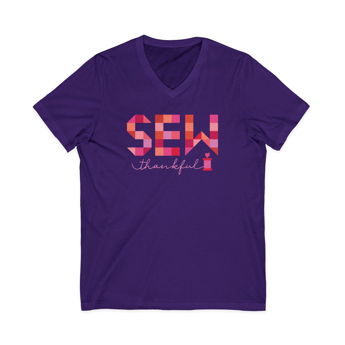 Sew Thankful patchwork lettering with a heart-topped thread spool on a V-neck t-shirt in purple, front view – Kate Spain design for Pat Sloan