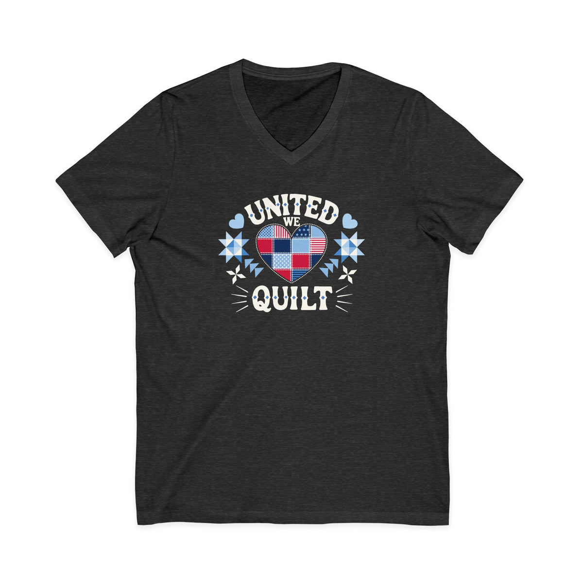 Quilters United quilt badge in red, white and blue on a V-neck t-shirt in dark grey heather, front view – Kate Spain design for Pat Sloan
