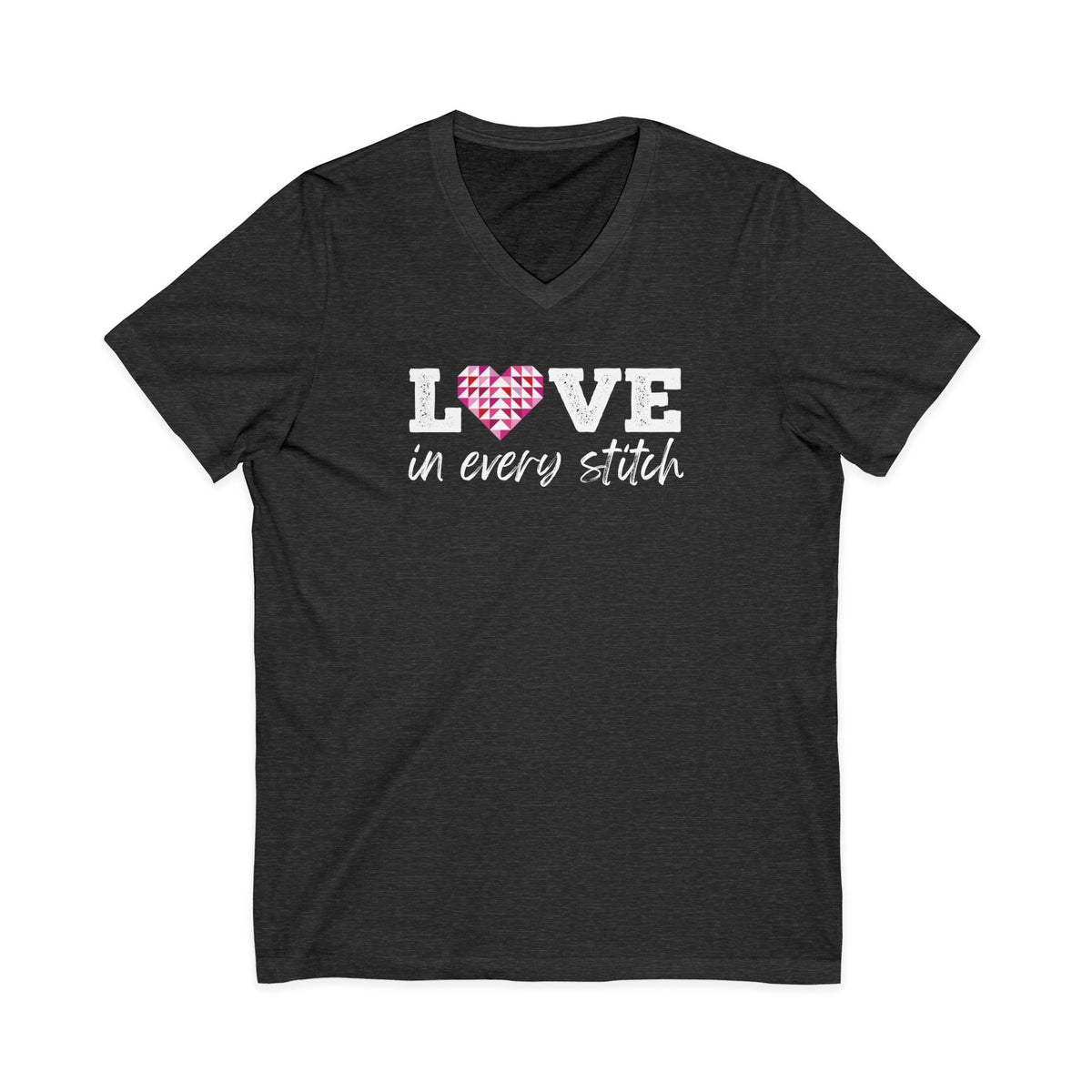 Love in Every Stitch distressed lettering on a V-neck t-shirt in dark grey heather, front view – Kate Spain design for Pat Sloan