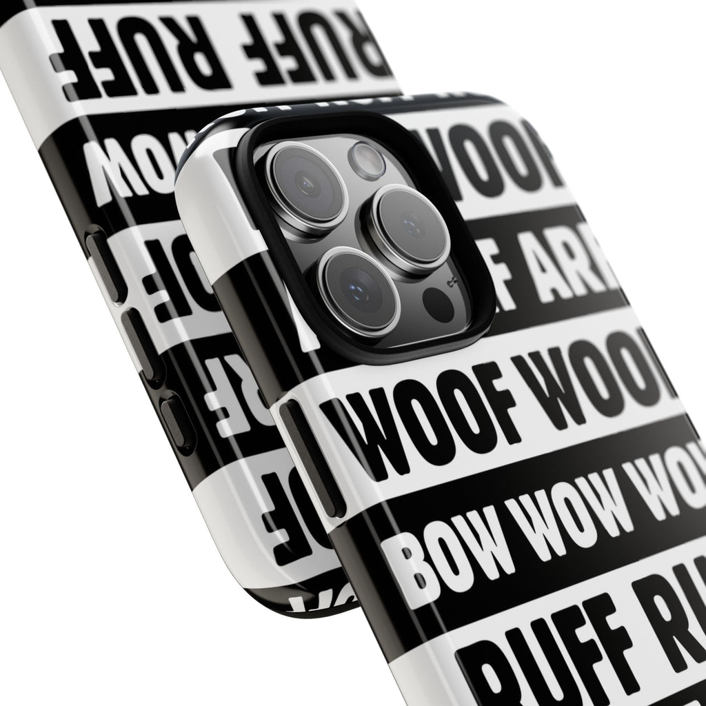Law of the Paw® Woof Woof phone case with black-and-white WOOF, ARF and BOW WOW lettering, angled close-up of the wrap-around print – Kate Spain design