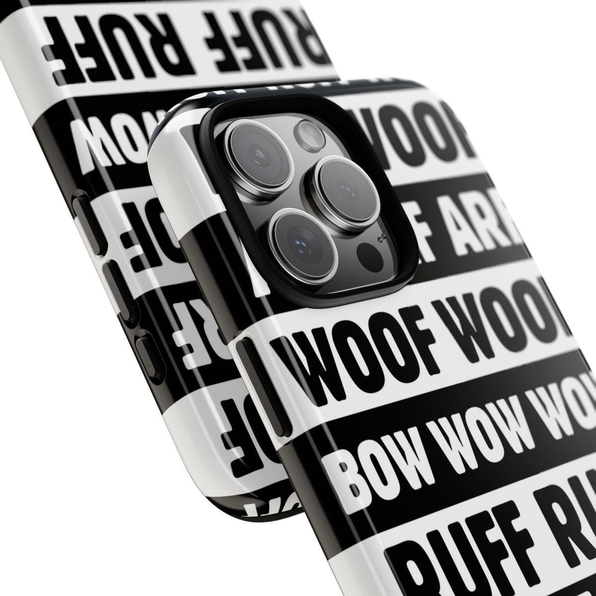 Law of the Paw® Woof Woof phone case with black-and-white WOOF, ARF and BOW WOW lettering, angled close-up of the wrap-around print – Kate Spain design