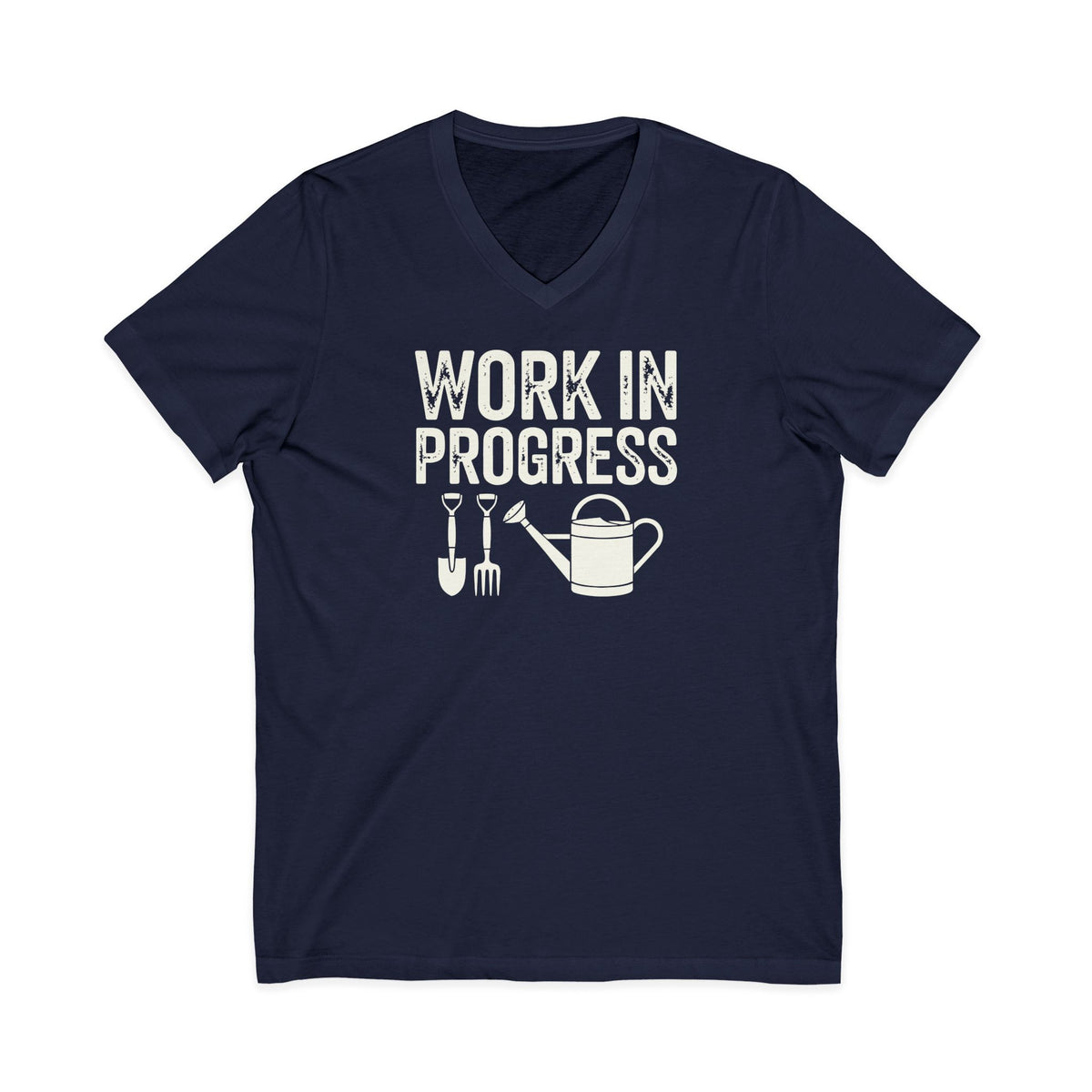 Garden Work in Progress distressed lettering with a shovel, pitchfork and watering can on a V-neck t-shirt in navy, front view – Kate Spain design