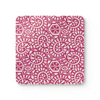 Canto Berry cork-backed coaster, cream botanical spirals and petals on berry fuchsia, single coaster, top view – Kate Spain design