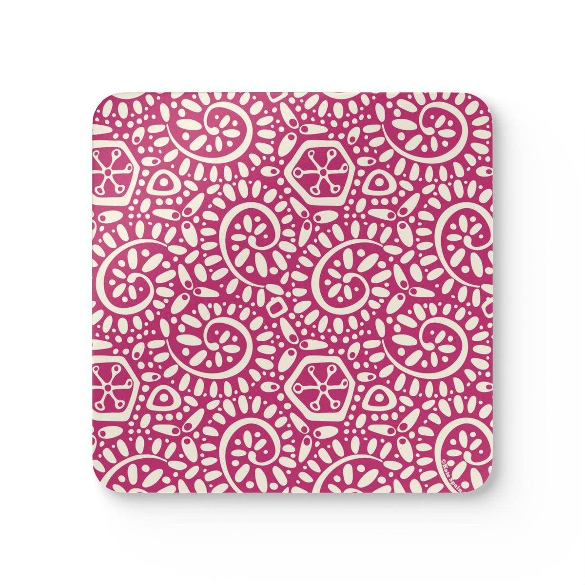 Canto Berry cork-backed coaster, cream botanical spirals and petals on berry fuchsia, single coaster, top view – Kate Spain design