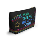 Black zip pouch with the May the ¼" Be With You sewing machine design and stars, angled back view – Kate Spain design for Pat Sloan