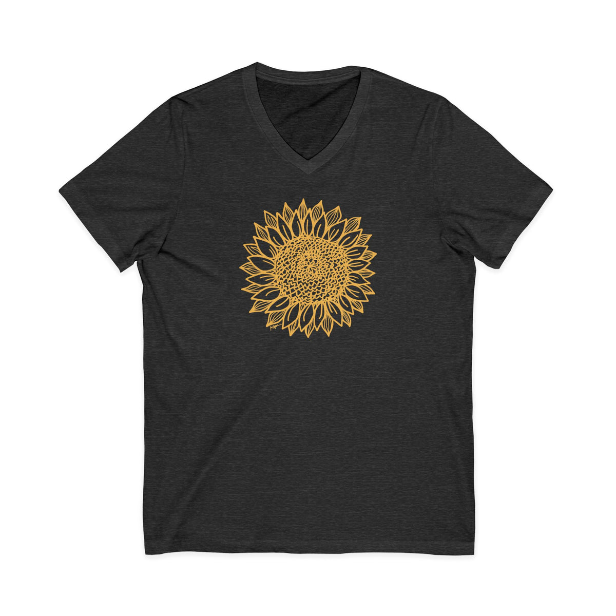 Gold botanical line-art sunflower on a V-neck t-shirt in dark grey heather, front view – Sunflower by Kate Spain