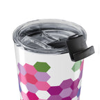 20 oz stainless steel tumbler wrapped in Pink GeoFlora hexagon flowers, close-up of the lid – Kate Spain design for Pat Sloan