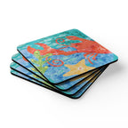 Oceana Lobster cork-backed coaster set of four, red lobster, starfish and sea grass on watercolor blue ocean, stacked set, angled view – Kate Spain design