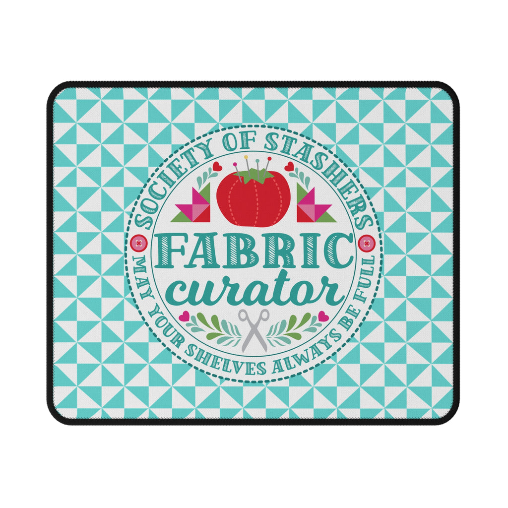 Fabric Curator Society of Stashers badge mouse pad, top view – Kate Spain design for Pat Sloan