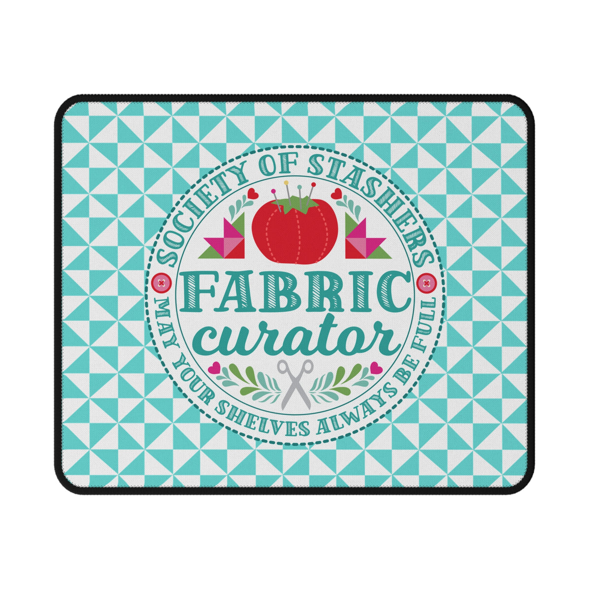 Fabric Curator Society of Stashers badge mouse pad, top view – Kate Spain design for Pat Sloan