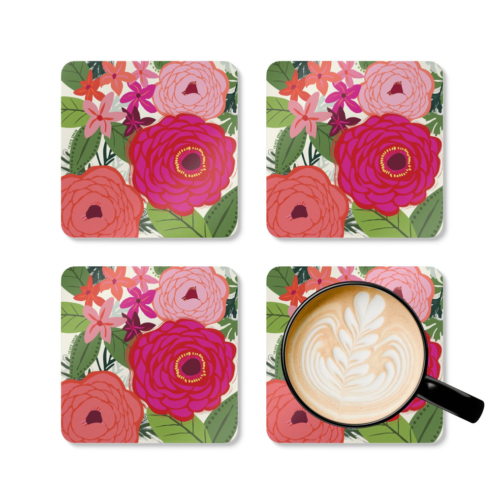Buttercup cork-backed coaster set of four, ranunculus and peonies in magenta, coral and blush with bright star blooms on cream, four coasters with a latte mug – Kate Spain design