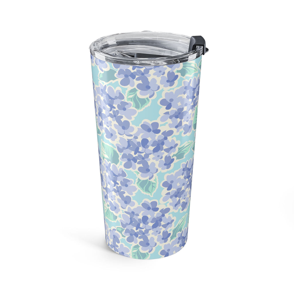 Nantucket Hydrangea 20 oz insulated stainless steel tumbler, periwinkle and lavender hydrangeas with mint leaves on pale aqua, side view – Kate Spain design