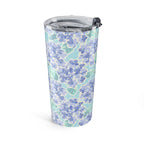 Nantucket Hydrangea 20 oz insulated stainless steel tumbler, periwinkle and lavender hydrangeas with mint leaves on pale aqua, side view – Kate Spain design