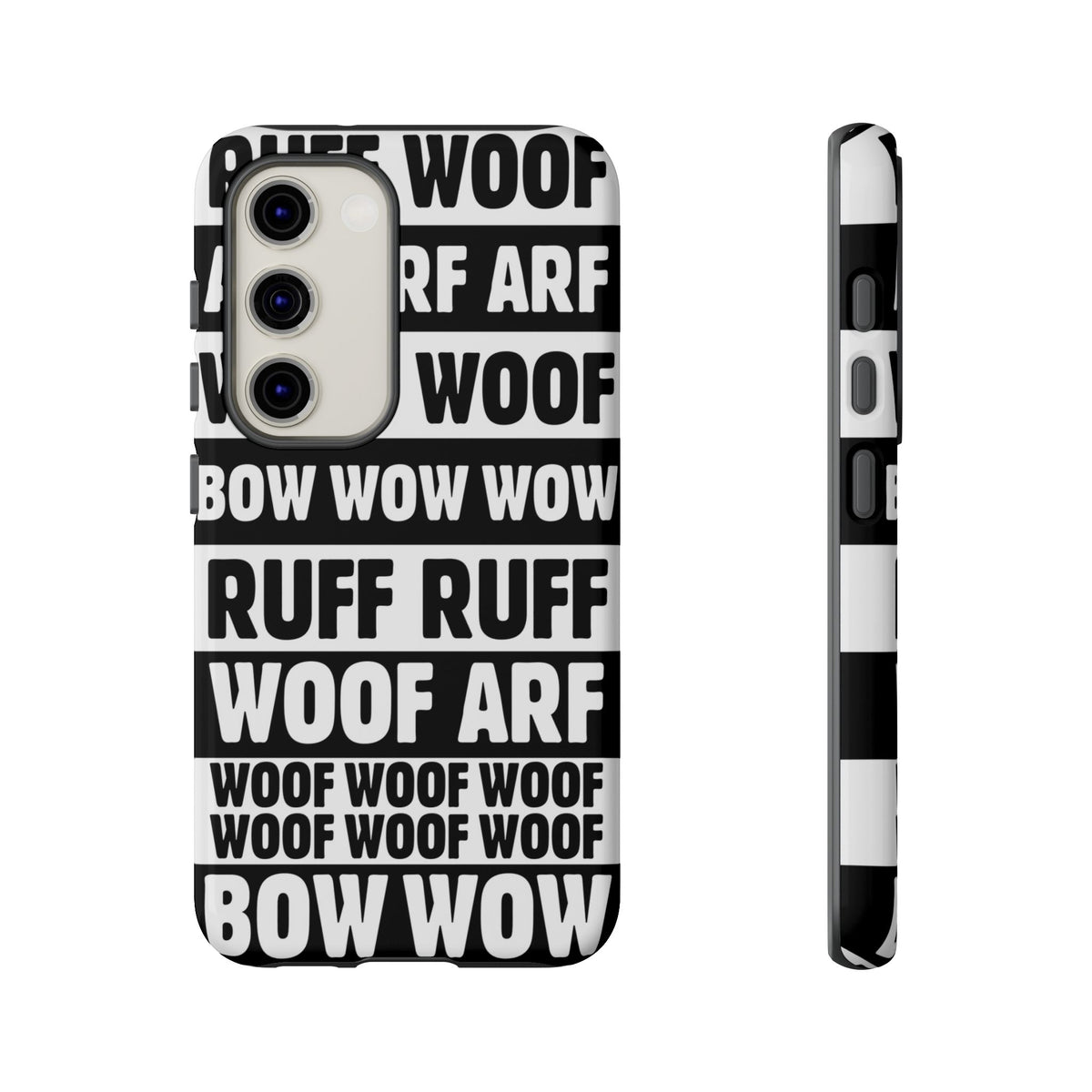 Law of the Paw® Woof Woof phone case with black-and-white WOOF, ARF and BOW WOW lettering for Samsung Galaxy S23, glossy finish, back view – Kate Spain design