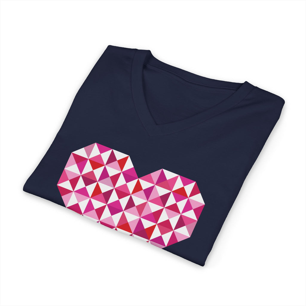 Big Patchwork Love heart pieced from pink half-square triangles on a V-neck t-shirt in navy, folded close-up of the design – Kate Spain design for Pat Sloan