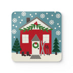 Ski Chalet cork-backed coaster, red holiday cottage with skis among snowy evergreens, single coaster, top view – Kate Spain design