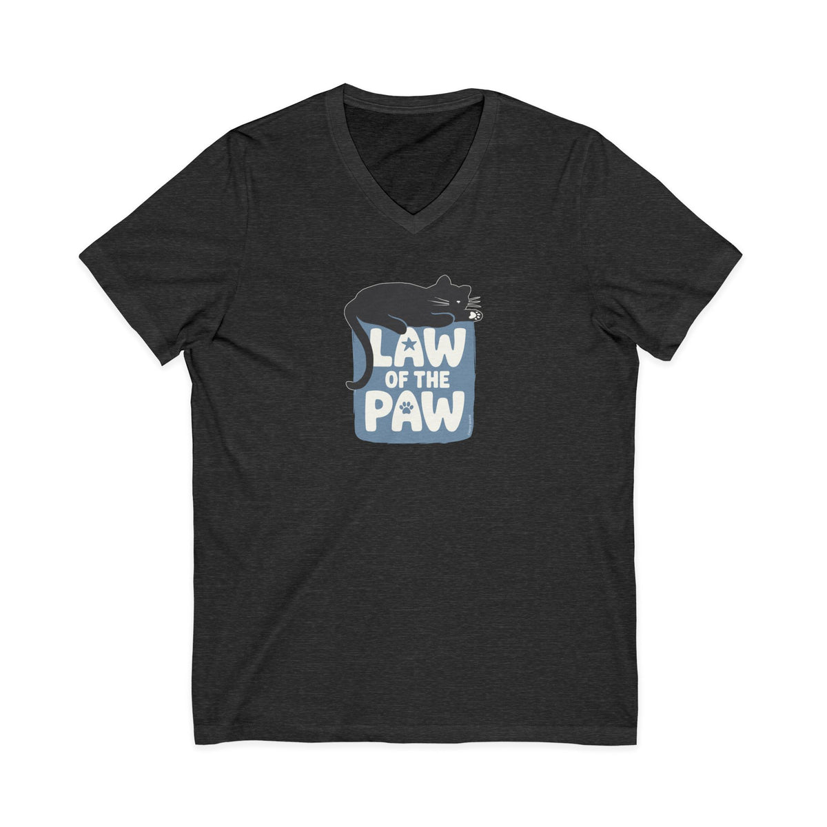 Law of the Paw® design with a cat napping on the logo on a V-neck t-shirt in dark grey heather, front view – Kate Spain design