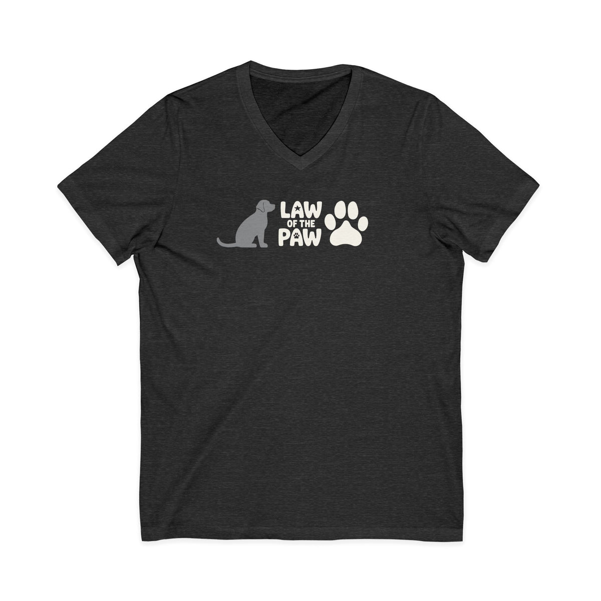 Law of the Paw® logo with seated dog and paw print on a V-neck t-shirt in dark grey heather, front view – Kate Spain design