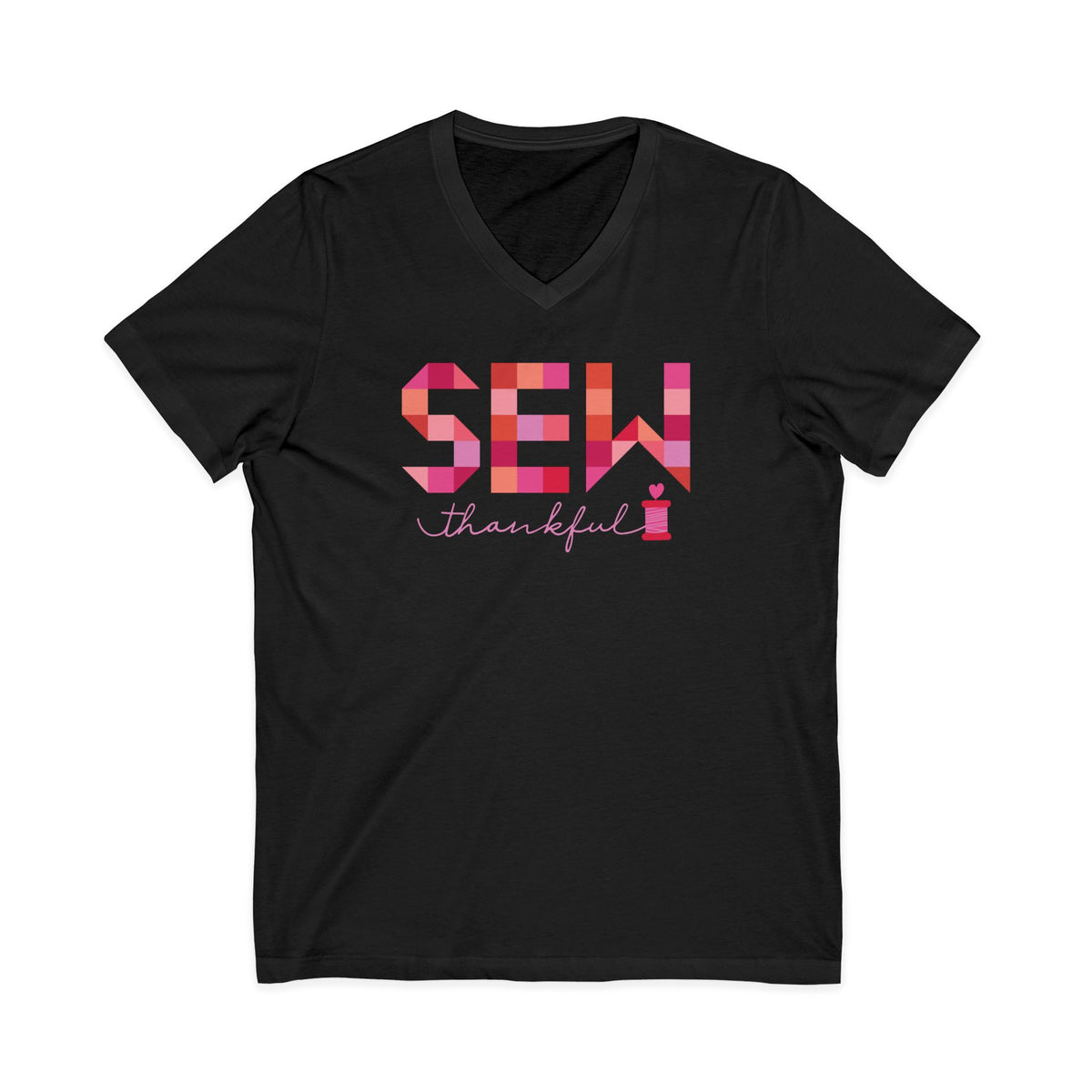 Sew Thankful patchwork lettering with a heart-topped thread spool on a V-neck t-shirt in black, front view – Kate Spain design for Pat Sloan