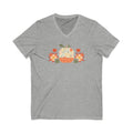 Falling for Fall patchwork pumpkin with quilt-block stars and hearts on a V-neck t-shirt in athletic heather grey, front view – Kate Spain design for Pat Sloan