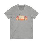 Falling for Fall patchwork pumpkin with quilt-block stars and hearts on a V-neck t-shirt in athletic heather grey, front view – Kate Spain design for Pat Sloan