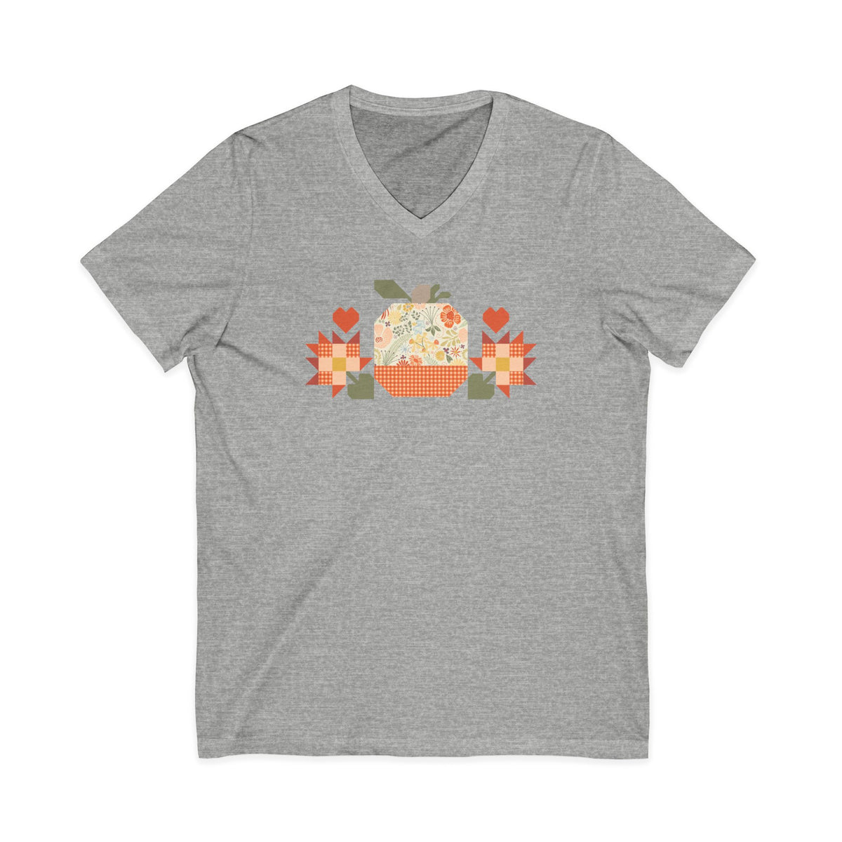 Falling for Fall patchwork pumpkin with quilt-block stars and hearts on a V-neck t-shirt in athletic heather grey, front view – Kate Spain design for Pat Sloan
