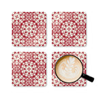 Blizzard cork-backed coaster set of four, red and cream geometric snowflake pattern, four coasters with a latte mug – Kate Spain design