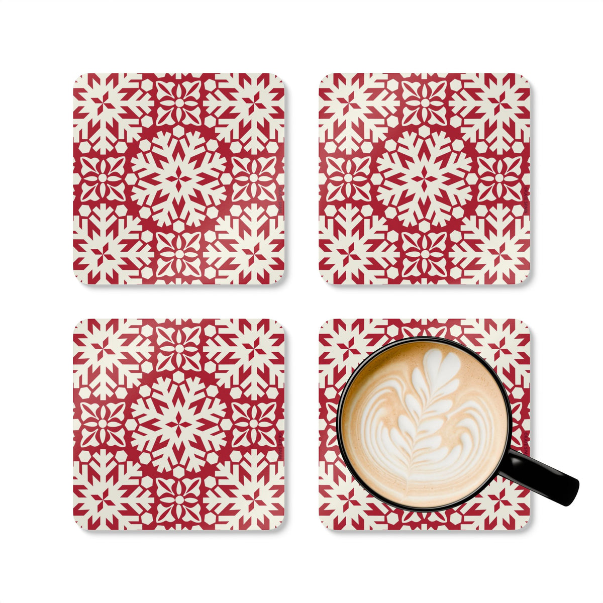 Blizzard cork-backed coaster set of four, red and cream geometric snowflake pattern, four coasters with a latte mug – Kate Spain design