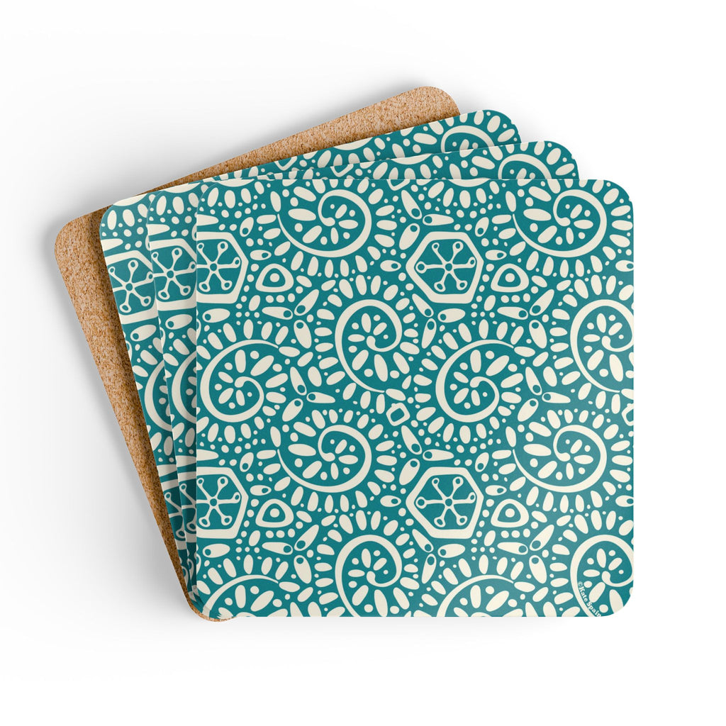 Canto Turquoise cork-backed coaster set of four, cream botanical spirals and petals on turquoise, coasters fanned out – Kate Spain design