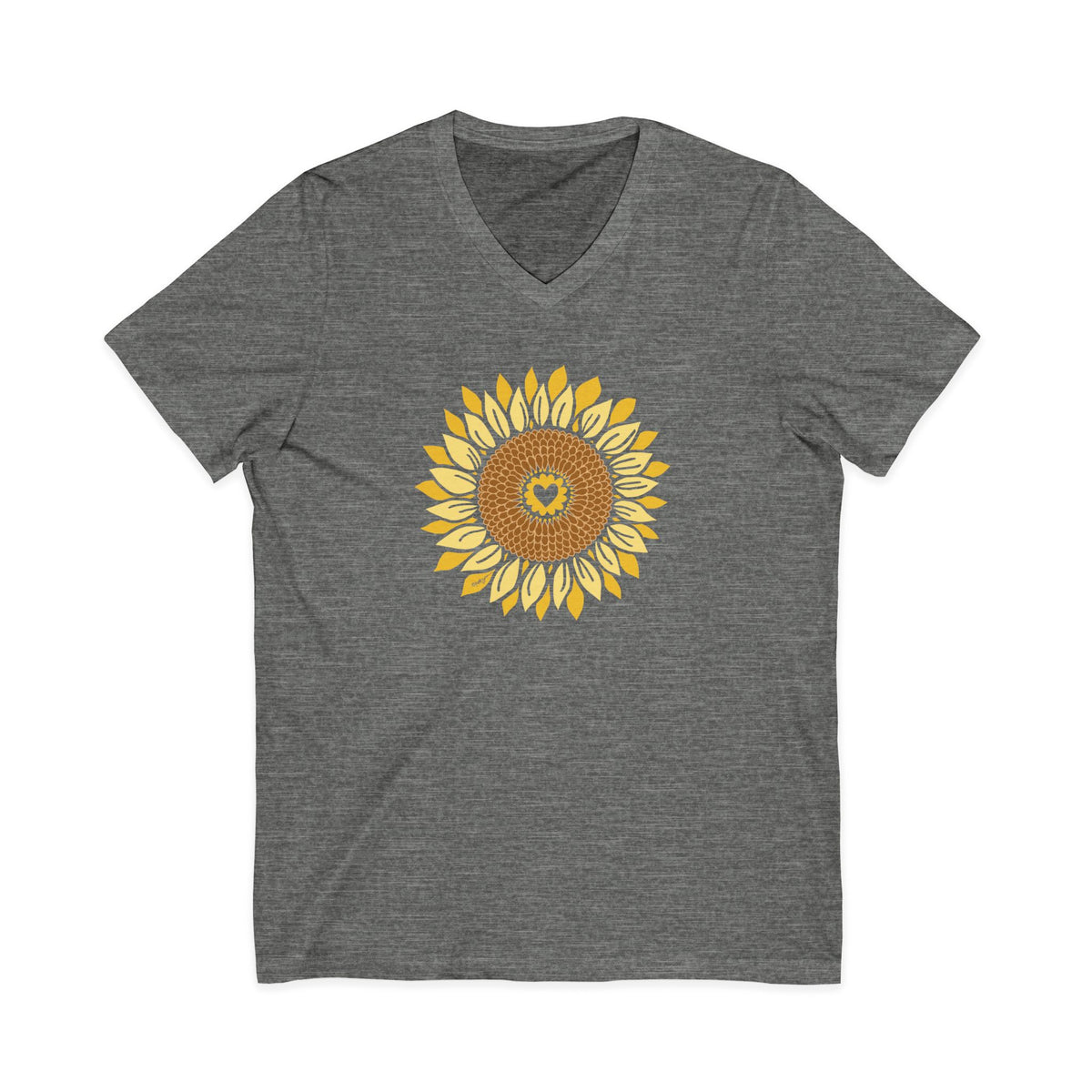 Golden sunflower with a heart center on a V-neck t-shirt in deep heather grey, front view – Sunflowers in My Heart by Kate Spain