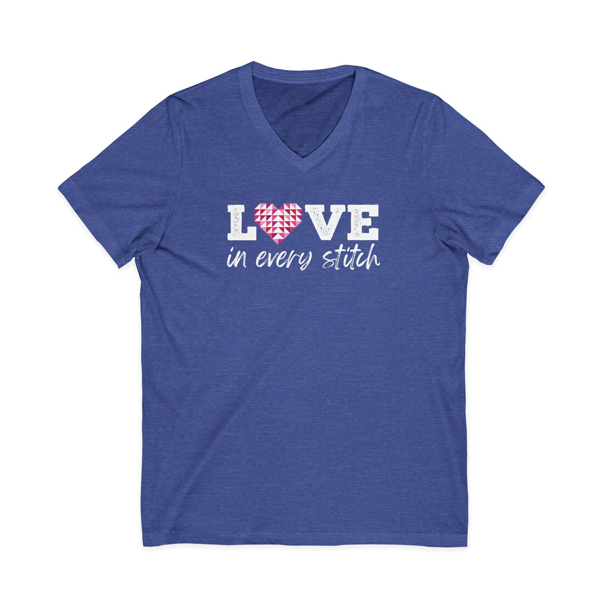 Love in Every Stitch distressed lettering on a V-neck t-shirt in heather true royal, front view – Kate Spain design for Pat Sloan