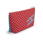 Sloan Zone zip pouch in red polka dot with "see you online!" lettering, angled back view – Kate Spain design for Pat Sloan