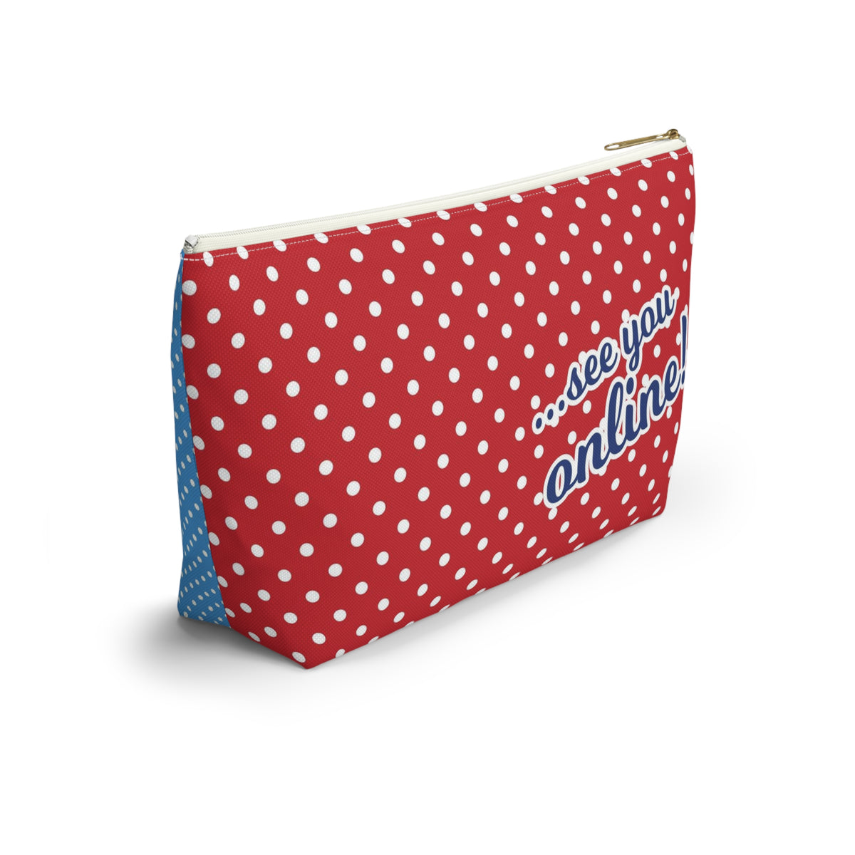 Sloan Zone zip pouch in red polka dot with "see you online!" lettering, angled back view – Kate Spain design for Pat Sloan