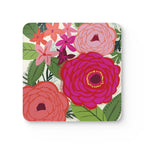 Buttercup cork-backed coaster, ranunculus and peonies in magenta, coral and blush with bright star blooms on cream, single coaster, top view – Kate Spain design