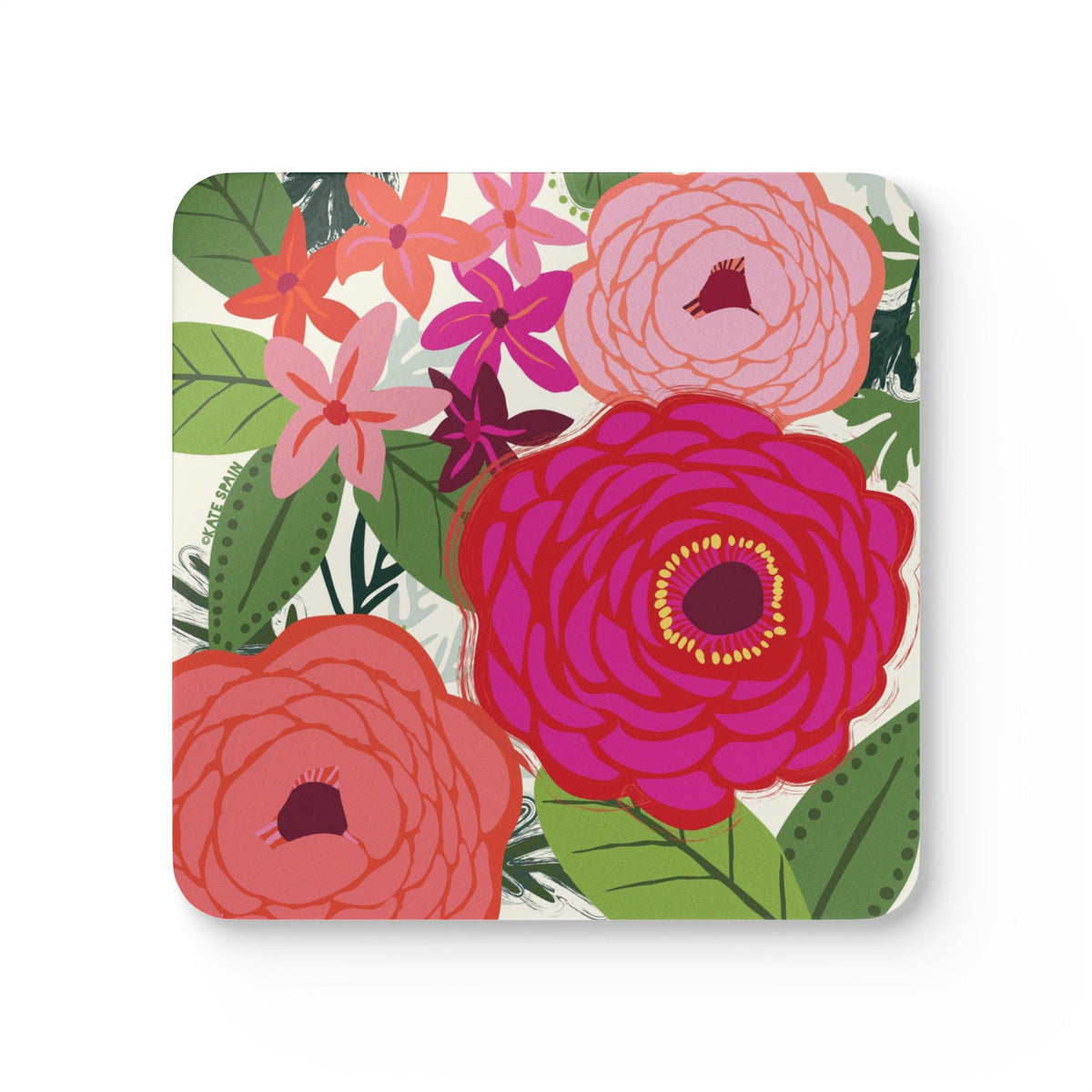 Buttercup cork-backed coaster, ranunculus and peonies in magenta, coral and blush with bright star blooms on cream, single coaster, top view – Kate Spain design