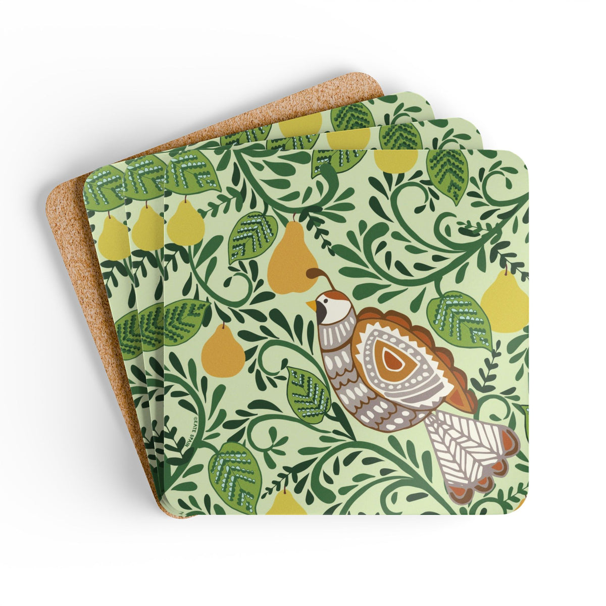 Partridge cork-backed coaster set of four, folk-art partridge among golden pears and patterned leaves on sage green, coasters fanned out – Kate Spain design