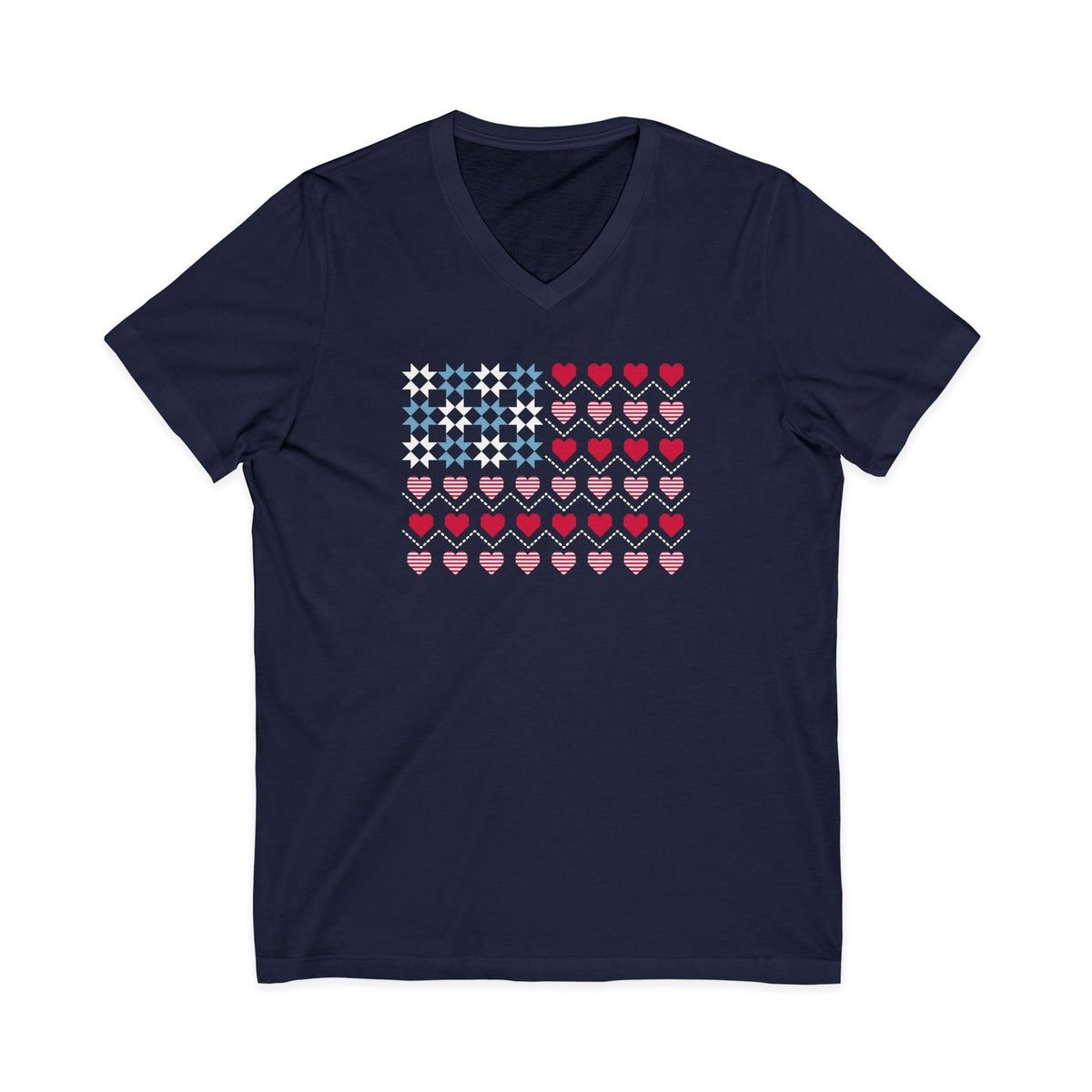 United We Quilt patchwork flag with quilt-block stars and heart stripes on a V-neck t-shirt in navy, front view – Kate Spain design for Pat Sloan