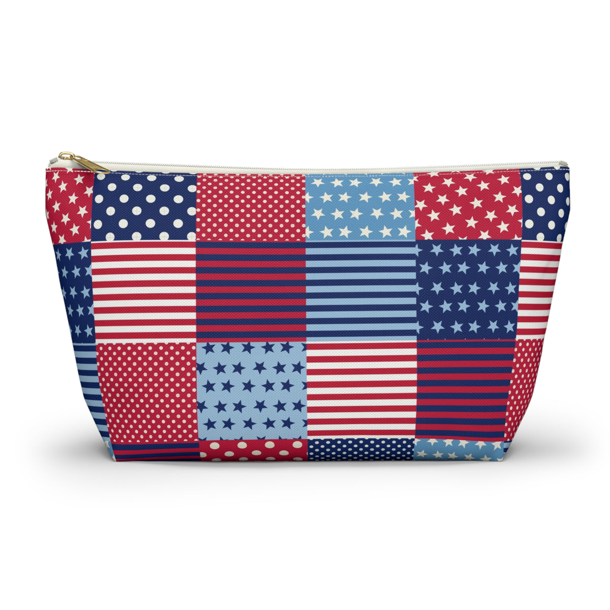 United We Quilt zip pouch in red, white and blue patchwork, front view – Kate Spain design for Pat Sloan