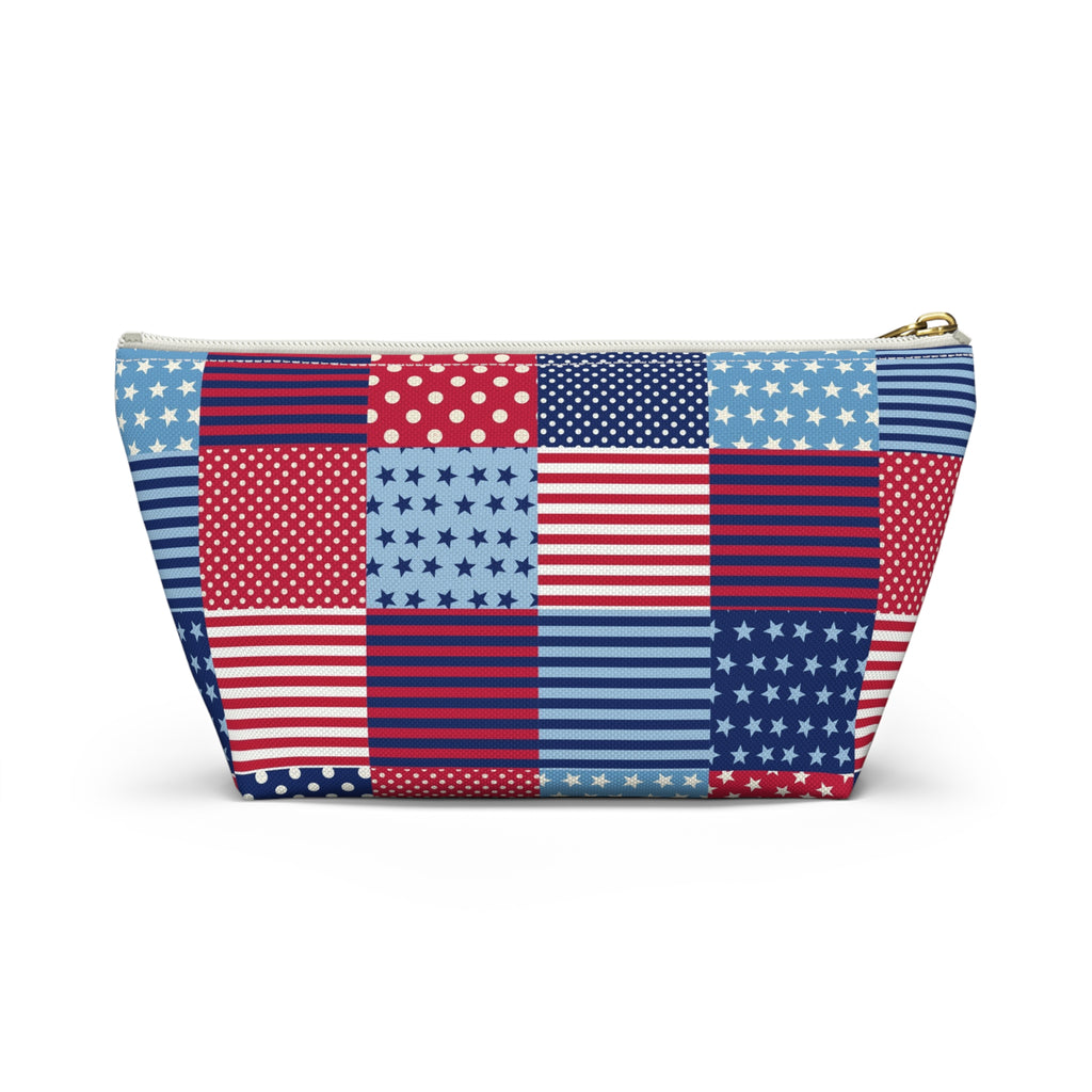 United We Quilt zip pouch in red, white and blue patchwork, back view – Kate Spain design for Pat Sloan