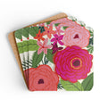 Buttercup cork-backed coaster set of four, ranunculus and peonies in magenta, coral and blush with bright star blooms on cream, coasters fanned out – Kate Spain design