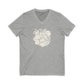 Meadowsweet woodblock-style bouquet of wildflowers on a V-neck t-shirt in athletic heather grey, front view – Kate Spain design