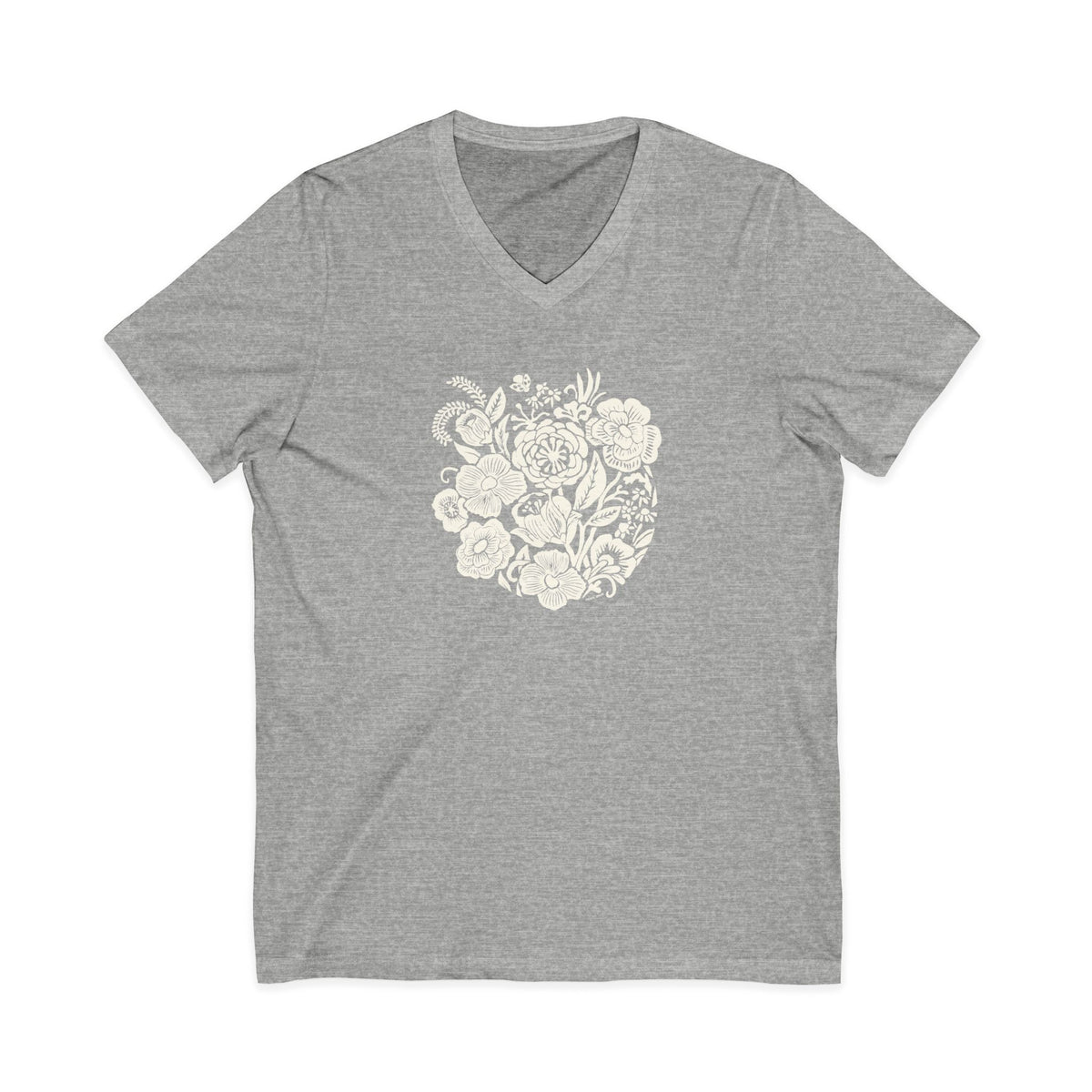 Meadowsweet woodblock-style bouquet of wildflowers on a V-neck t-shirt in athletic heather grey, front view – Kate Spain design