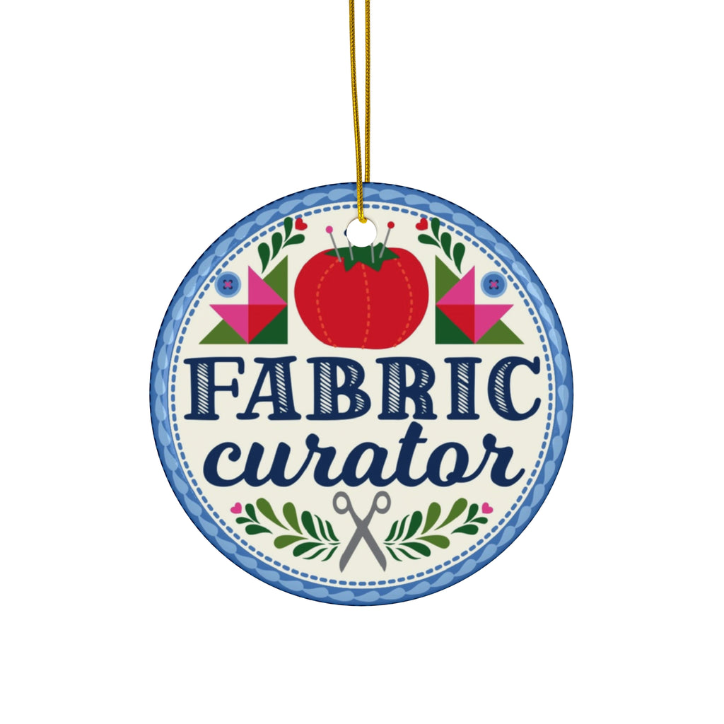 Fabric Curator round porcelain Christmas ornament, with gold hanging cord – Kate Spain design for Pat Sloan