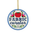 Fabric Curator round porcelain Christmas ornament, with gold hanging cord – Kate Spain design for Pat Sloan