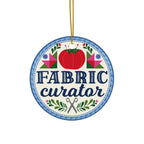 Fabric Curator round porcelain Christmas ornament, with gold hanging cord – Kate Spain design for Pat Sloan