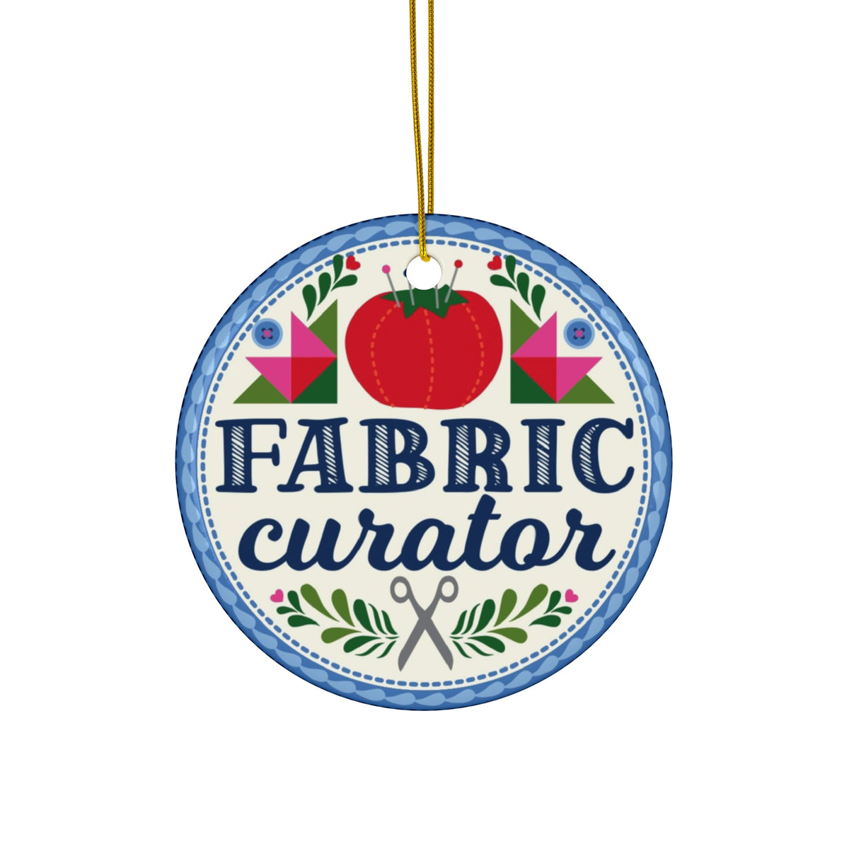 Fabric Curator round porcelain Christmas ornament, with gold hanging cord – Kate Spain design for Pat Sloan