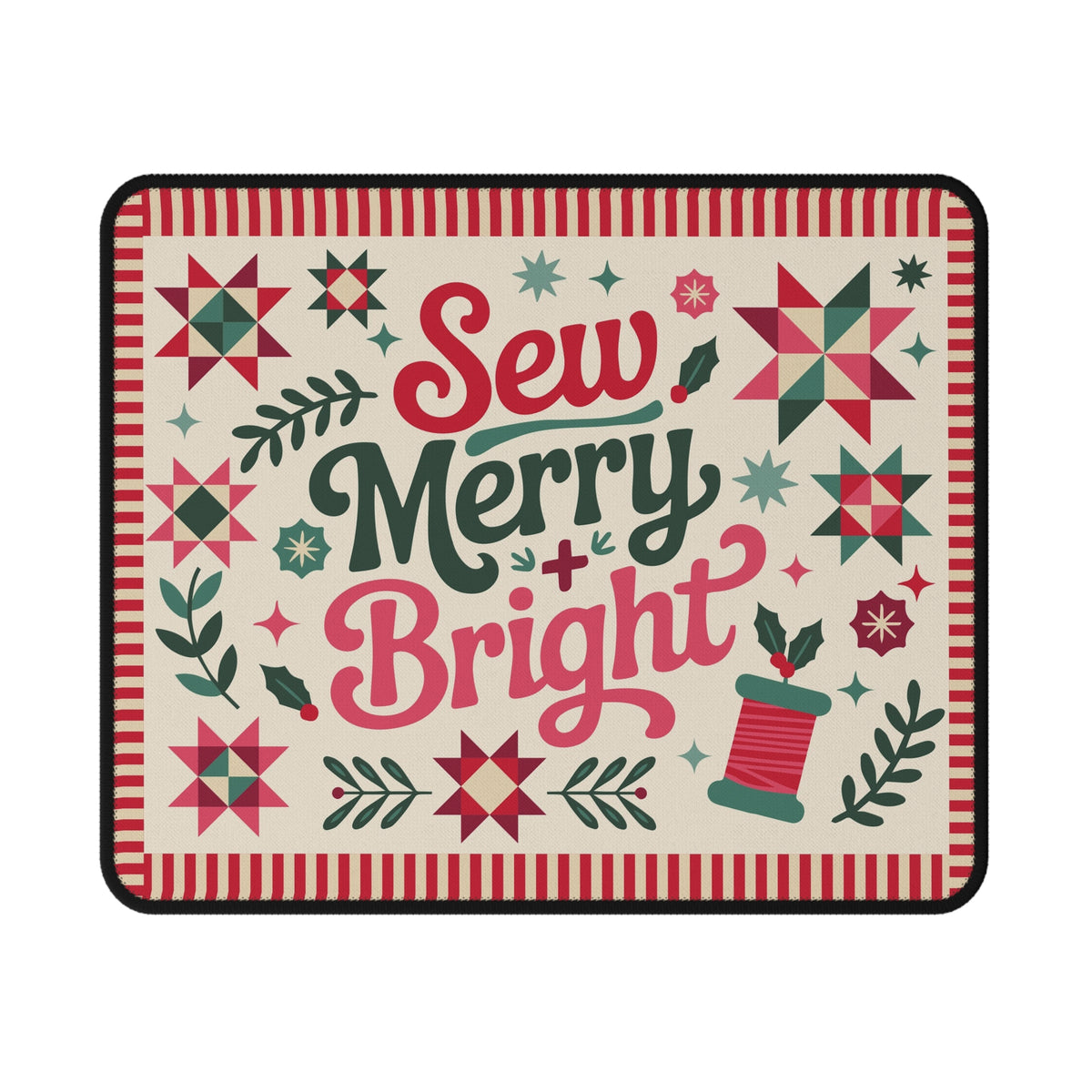 Sew Merry + Bright lettering mouse pad with quilt-block stars and holly, top view – Kate Spain design for Pat Sloan