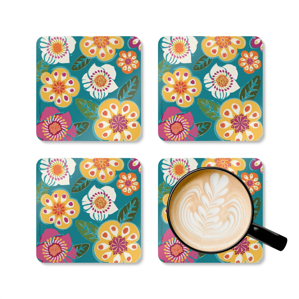 Sorrento cork-backed coaster set of four, retro yellow, white, pink and orange blooms on turquoise, four coasters with a latte mug – Kate Spain design