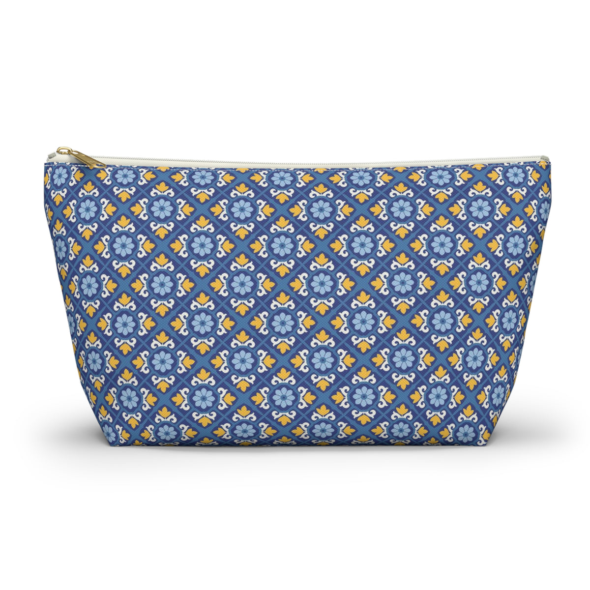 A zippered cosmetic pouch with a blue, yellow, and white geometric pattern, shown on a clean white background.